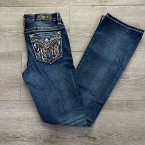 Miss Me Dark Blue Boot Cut Jeans with Embellished Pockets